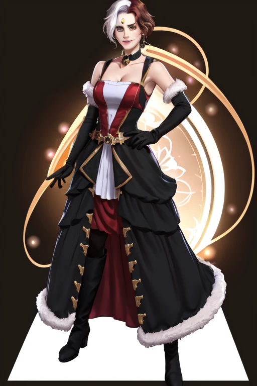 Emet Selch, 1girl, bare shoulders, black background, black dress, black footwear, black gloves, boots, breasts, brown hair, choker, cleavage, closed mouth, collarbone, dress, elbow gloves, full body, fur trim, genderswap, genderswap (mtf), gloves, hand on hip, large breasts, looking at viewer, multicolored hair, red dress, short hair, simple background, smile, standing, third eye, two-tone hair, white hair, yellow eyes<lora:Hades_V2:0.7>
