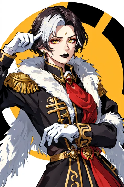 Emet Selch, 1girl, black coat, black hair, black lips, coat, earrings, large breasts, epaulettes, forehead jewel, fringe trim, fur trim, fur-trimmed coat, genderswap, gloves, hand up, index finger raised, jewelry, lipstick, long sleeves, makeup, male focus, multicolored hair, scarf, short hair, third eye, two-tone hair, upper body, white background, white gloves, white hair, yellow eyes<lora:Hades_V2:0.6>