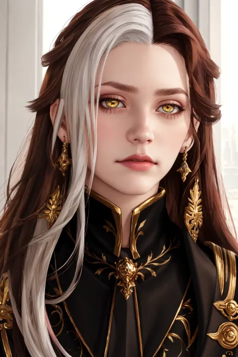 Emet Selch, 1girl, closed mouth, yellow eyes, white hair, brown hair, multicolored hair, two tone hair, lips, long hair, looking at viewer, portrait, realistic<lora:Hades_V2:0.6>
