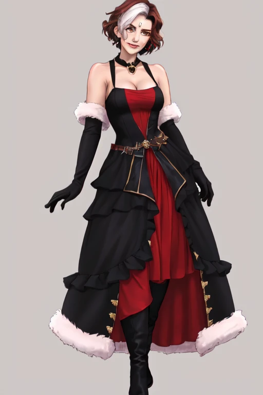 Emet Selch, 1girl, bare shoulders, black background, black dress, black footwear, black gloves, boots, breasts, brown hair, choker, cleavage, closed mouth, collarbone, dress, elbow gloves, full body, fur trim, genderswap, genderswap (mtf), gloves, hand on hip, large breasts, looking at viewer, multicolored hair, red dress, short hair, simple background, smile, standing, third eye, two-tone hair, white hair, yellow eyes<lora:Hades_V2:0.7>