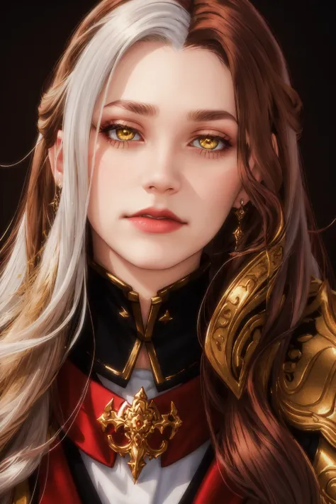 Emet Selch, 1girl, closed mouth, yellow eyes, white hair, brown hair, multicolored hair, two tone hair, lips, long hair, looking at viewer, portrait, realistic<lora:Hades_V2:0.6>