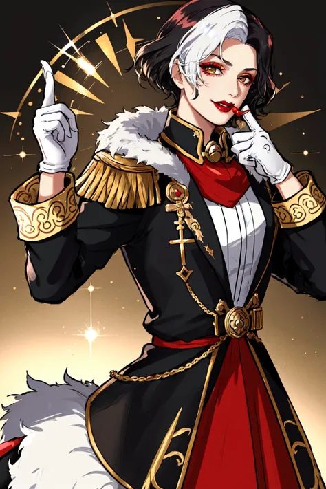 Emet Selch, 1girl, black hair, coat, epaulettes, fur trim, gloves, lipstick, looking at viewer, makeup, multicolored hair, short hair, smile, two-tone hair, upper body, white gloves, white hair<lora:Hades_V2:0.6>