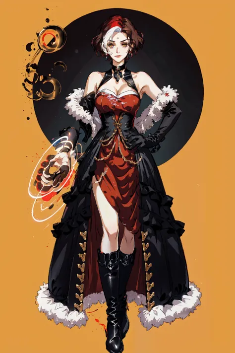 Emet Selch, 1girl, bare shoulders,black dress, black footwear, black gloves, boots, breasts, brown hair, choker, cleavage, closed mouth, collarbone, dress, elbow gloves, full body, fur trim, genderswap, genderswap (mtf), gloves, hand on hip, large breasts, looking at viewer, multicolored hair, red dress, short hair,smile, standing, third eye, two-tone hair, white hair, yellow eyes<lora:Hades_V2:0.7>