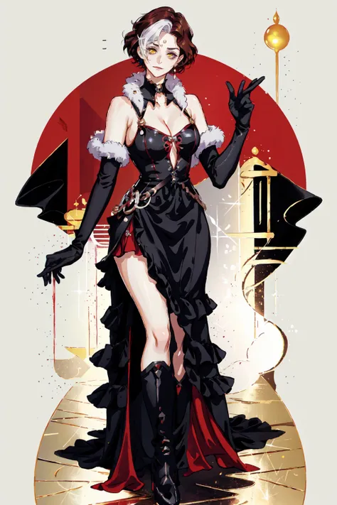 Emet Selch, 1girl, bare shoulders,black dress, black footwear, black gloves, boots, breasts, brown hair, choker, cleavage, closed mouth, collarbone, dress, elbow gloves, full body, fur trim, genderswap, genderswap (mtf), gloves, hand on hip, large breasts, looking at viewer, multicolored hair, red dress, short hair,smile, standing, third eye, two-tone hair, white hair, yellow eyes<lora:Hades_V2:0.7>
