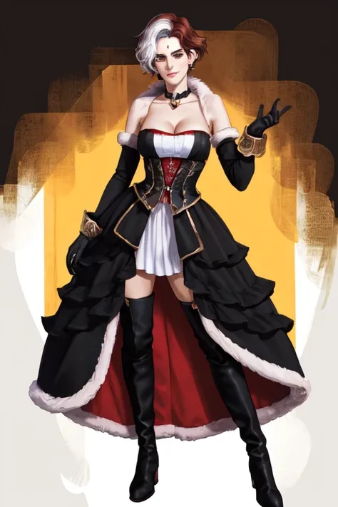 Emet Selch, 1girl, bare shoulders, black background, black dress, black footwear, black gloves, boots, breasts, brown hair, choker, cleavage, closed mouth, collarbone, dress, elbow gloves, full body, fur trim, genderswap, genderswap (mtf), gloves, hand on hip, large breasts, looking at viewer, multicolored hair, red dress, short hair, simple background, smile, standing, third eye, two-tone hair, white hair, yellow eyes<lora:Hades_V2:0.7>