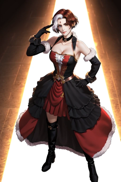 Emet Selch, 1girl, bare shoulders, black background, black dress, black footwear, black gloves, boots, breasts, brown hair, choker, cleavage, closed mouth, collarbone, dress, elbow gloves, full body, fur trim, genderswap, genderswap (mtf), gloves, hand on hip, large breasts, looking at viewer, multicolored hair, red dress, short hair, simple background, smile, standing, third eye, two-tone hair, white hair, yellow eyes<lora:Hades_V2:0.7>