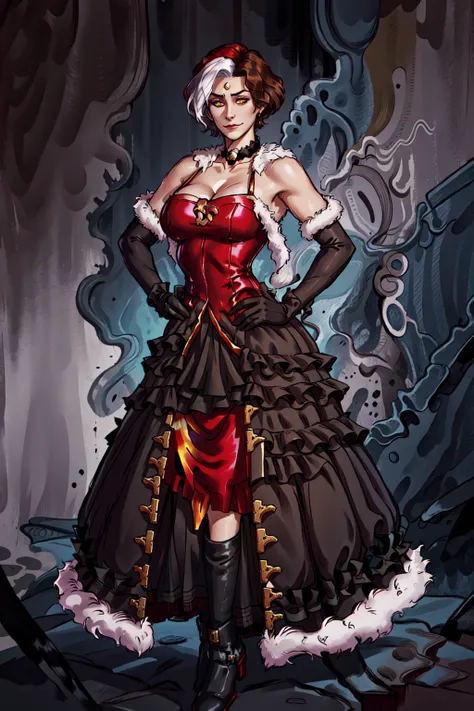 Emet Selch, 1girl, solo, solo focus, bare shoulders,black dress, black footwear, black gloves, boots, breasts, brown hair, choker, cleavage, closed mouth, collarbone, dress, elbow gloves, full body, fur trim, magic, glowing, genderswap, genderswap (mtf), gloves, hand on hip, large breasts, looking at viewer, multicolored hair, red dress, short hair,smile, standing, third eye, two-tone hair, white hair, yellow eyes<lora:Hades_V2:0.7>