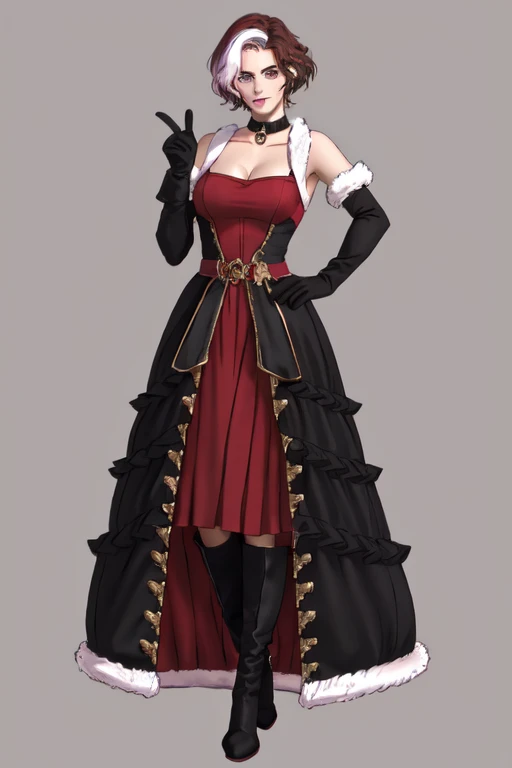 Emet Selch, 1girl, bare shoulders, black background, black dress, black footwear, black gloves, boots, breasts, brown hair, choker, cleavage, closed mouth, collarbone, dress, elbow gloves, full body, fur trim, genderswap, genderswap (mtf), gloves, hand on hip, large breasts, looking at viewer, multicolored hair, red dress, short hair, simple background, smile, standing, third eye, two-tone hair, white hair, yellow eyes<lora:Hades_V2:0.7>