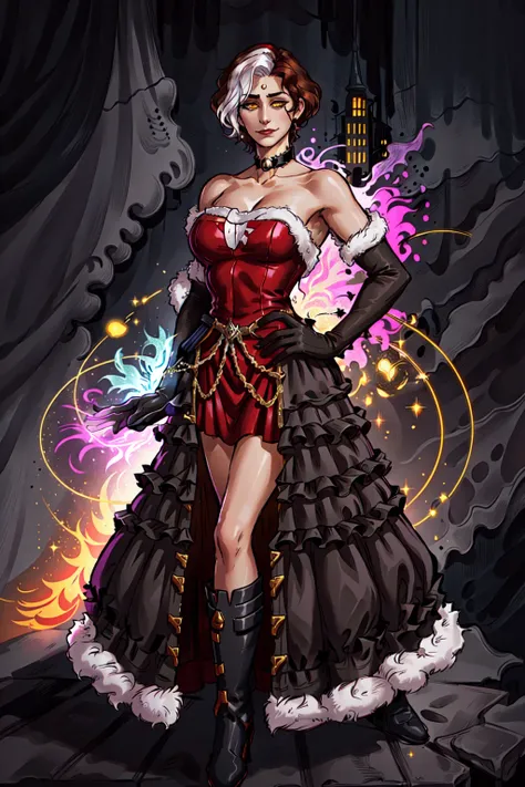 Emet Selch, 1girl, solo, solo focus, bare shoulders,black dress, black footwear, black gloves, boots, breasts, brown hair, choker, cleavage, closed mouth, collarbone, dress, elbow gloves, full body, fur trim, magic, glowing, genderswap, genderswap (mtf), gloves, hand on hip, large breasts, looking at viewer, multicolored hair, red dress, short hair,smile, standing, third eye, two-tone hair, white hair, yellow eyes<lora:Hades_V2:0.7>