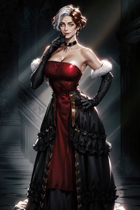 Emet Selch, 1girl, solo, solo focus, bare shoulders,black dress, black footwear, black gloves, boots, breasts, brown hair, choker, cleavage, closed mouth, collarbone, dress, elbow gloves, full body, fur trim, magic, glowing, genderswap, genderswap (mtf), gloves, hand on hip, large breasts, looking at viewer, multicolored hair, red dress, short hair,smile, standing, third eye, two-tone hair, white hair, yellow eyes<lora:Hades_V2:0.7>