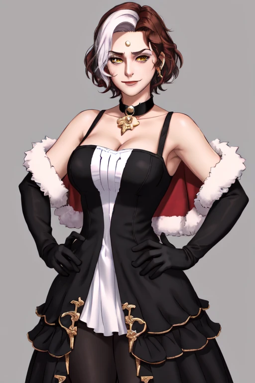 Emet Selch, 1girl, bare shoulders, black background, black dress, black footwear, black gloves, boots, breasts, brown hair, choker, cleavage, closed mouth, collarbone, dress, elbow gloves, full body, fur trim, genderswap, genderswap (mtf), gloves, hand on hip, large breasts, looking at viewer, multicolored hair, red dress, short hair, simple background, smile, standing, third eye, two-tone hair, white hair, yellow eyes<lora:Hades_V2:0.7>