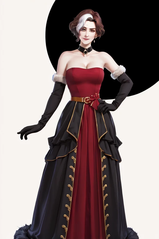 Emet Selch, 1girl, bare shoulders, black background, black dress, black footwear, black gloves, boots, breasts, brown hair, choker, cleavage, closed mouth, collarbone, dress, elbow gloves, full body, fur trim, genderswap, genderswap (mtf), gloves, hand on hip, large breasts, looking at viewer, multicolored hair, red dress, short hair, simple background, smile, standing, third eye, two-tone hair, white hair, yellow eyes<lora:Hades_V2:0.7>