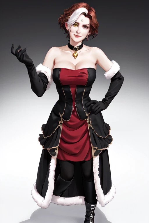 Emet Selch, 1girl, bare shoulders, black background, black dress, black footwear, black gloves, boots, breasts, brown hair, choker, cleavage, closed mouth, collarbone, dress, elbow gloves, full body, fur trim, genderswap, genderswap (mtf), gloves, hand on hip, large breasts, looking at viewer, multicolored hair, red dress, short hair, simple background, smile, standing, third eye, two-tone hair, white hair, yellow eyes<lora:Hades_V2:0.7>