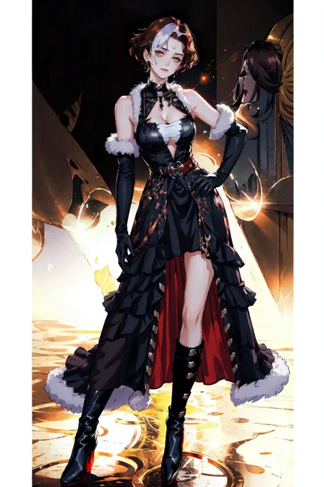 Emet Selch, 1girl, bare shoulders,black dress, black footwear, black gloves, boots, breasts, brown hair, choker, cleavage, closed mouth, collarbone, dress, elbow gloves, full body, fur trim, genderswap, genderswap (mtf), gloves, hand on hip, large breasts, looking at viewer, multicolored hair, red dress, short hair,smile, standing, third eye, two-tone hair, white hair, yellow eyes<lora:Hades_V2:0.7>