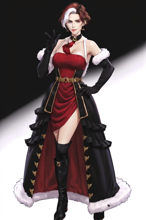 Emet Selch, 1girl, bare shoulders, black background, black dress, black footwear, black gloves, boots, breasts, brown hair, choker, cleavage, closed mouth, collarbone, dress, elbow gloves, full body, fur trim, genderswap, genderswap (mtf), gloves, hand on hip, large breasts, looking at viewer, multicolored hair, red dress, short hair, simple background, smile, standing, third eye, two-tone hair, white hair, yellow eyes<lora:Hades_V2:0.7>