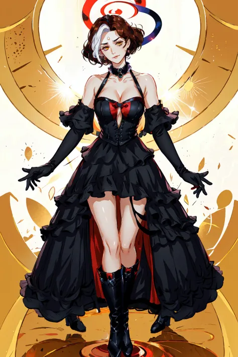 Emet Selch, 1girl, bare shoulders,black dress, black footwear, black gloves, boots, breasts, brown hair, choker, cleavage, closed mouth, collarbone, dress, elbow gloves, full body, fur trim, genderswap, genderswap (mtf), gloves, hand on hip, large breasts, looking at viewer, multicolored hair, red dress, short hair,smile, standing, third eye, two-tone hair, white hair, yellow eyes<lora:Hades_V2:0.7>