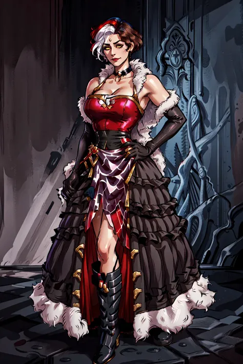 Emet Selch, 1girl, solo, solo focus, bare shoulders,black dress, black footwear, black gloves, boots, breasts, brown hair, choker, cleavage, closed mouth, collarbone, dress, elbow gloves, full body, fur trim, magic, glowing, genderswap, genderswap (mtf), gloves, hand on hip, large breasts, looking at viewer, multicolored hair, red dress, short hair,smile, standing, third eye, two-tone hair, white hair, yellow eyes<lora:Hades_V2:0.7>