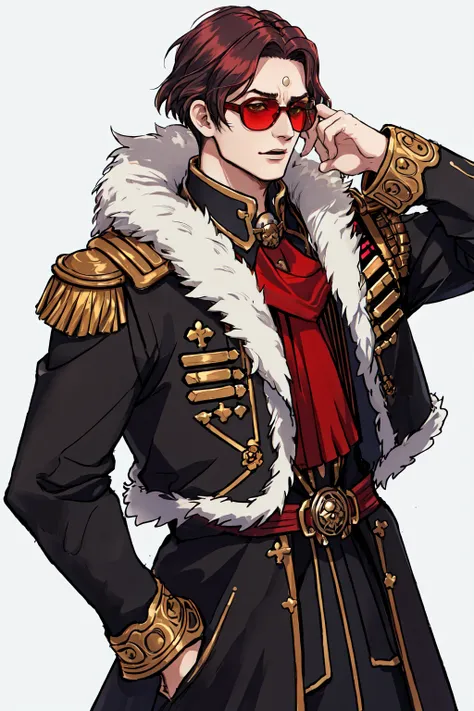 Emet Selch, 1boy, brown hair, coat, epaulettes, fur trim, fur-trimmed coat, male focus, multicolored hair, photo background, red-tinted eyewear, short hair, sunglasses, third eye, tinted eyewear, two-tone hair, upper body,green hair <lora:Hades_V2:0.6>