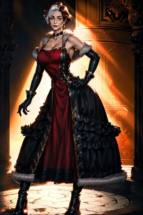 Emet Selch, 1girl, solo, solo focus, bare shoulders,black dress, black footwear, black gloves, boots, breasts, brown hair, choker, cleavage, closed mouth, collarbone, dress, elbow gloves, full body, fur trim, magic, glowing, genderswap, genderswap (mtf), gloves, hand on hip, large breasts, looking at viewer, multicolored hair, red dress, short hair,smile, standing, third eye, two-tone hair, white hair, yellow eyes<lora:Hades_V2:0.7>