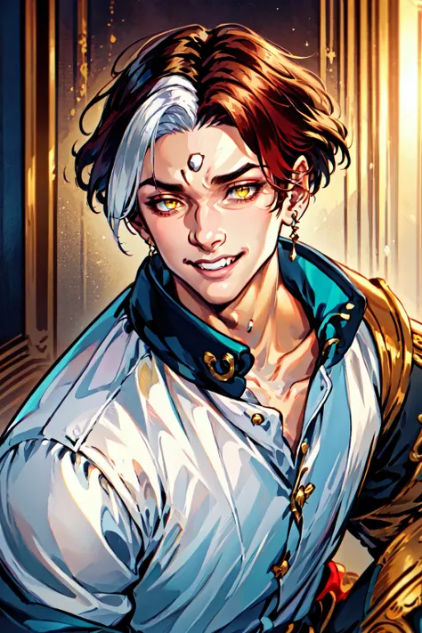 Emet Selch, 1boy,  bangs, collarbone, earrings, forehead jewel, brown hair,  yellow eyes, white hair, grin, hair over one eye, jewelry, looking at viewer, male focus, multicolored hair, upper body, crazy expression, shirt, short hair, smile, teeth, third eye, two-tone hair<lora:Hades_V2:0.6>