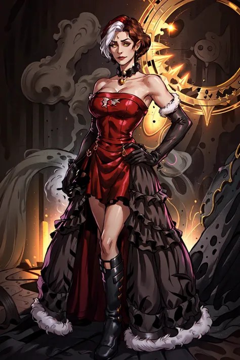 Emet Selch, 1girl, solo, solo focus, bare shoulders,black dress, black footwear, black gloves, boots, breasts, brown hair, choker, cleavage, closed mouth, collarbone, dress, elbow gloves, full body, fur trim, magic, glowing, genderswap, genderswap (mtf), gloves, hand on hip, large breasts, looking at viewer, multicolored hair, red dress, short hair,smile, standing, third eye, two-tone hair, white hair, yellow eyes<lora:Hades_V2:0.7>