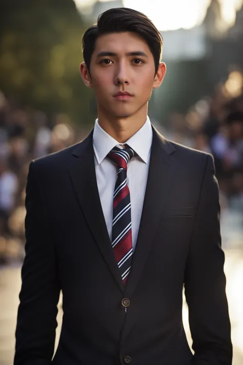 <lora:man:0.9>,xh,necktie,1boy,shirt,male focus,blurry background,black hair,realistic,formal,blurry,collared shirt,white shirt,looking at viewer,suit,jacket,black jacket,black necktie,outdoors,arms at sides,closed mouth,black eyes,solo focus,photo background,long sleeves,pocket,standing,striped necktie,short hair,upper body,lips,depth of field,pants,