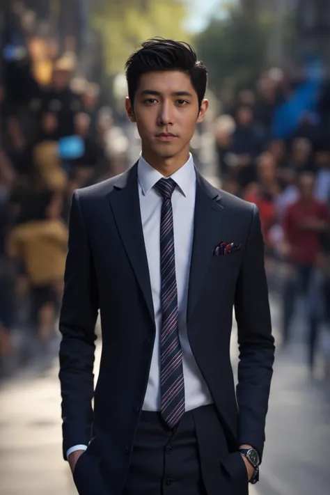 <lora:man:0.9>,xh,necktie,1boy,male focus,shirt,realistic,blurry background,blurry,formal,looking at viewer,black hair,suit,white shirt,collared shirt,jacket,outdoors,striped necktie,black eyes,striped,solo focus,closed mouth,day,arms at sides,lips,upper body,street,long sleeves,solo,black jacket,standing,depth of field,short hair,black necktie,facial hair,