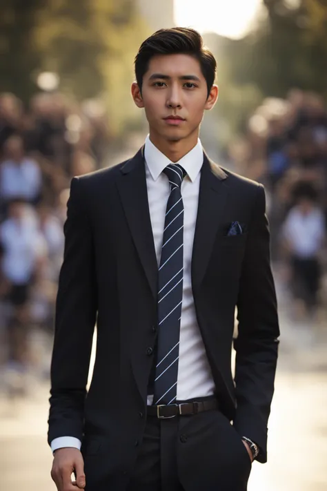 <lora:man:0.9>,xh,necktie,1boy,shirt,male focus,blurry background,black hair,realistic,formal,blurry,collared shirt,white shirt,looking at viewer,suit,jacket,black jacket,black necktie,outdoors,arms at sides,closed mouth,black eyes,solo focus,photo background,long sleeves,pocket,standing,striped necktie,short hair,upper body,lips,depth of field,pants,