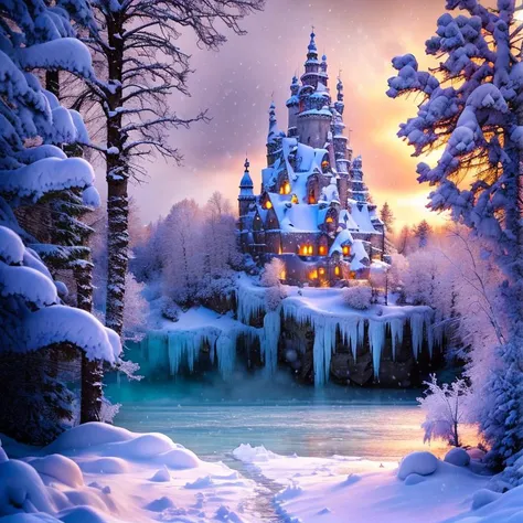 (masterpiece:1.2), (best quality,:1.2), 8k, HDR, ultra detailed, ((photorealistic)), professional light, cinematic lighting, fashion photography, ambient lighting, <lora:detail_slider_v4:2>, Ice, <lora:RealmsOfIce:1>, a sinister castle in a magical lake, snowy landscape, dark forest in the background, epiCPhoto