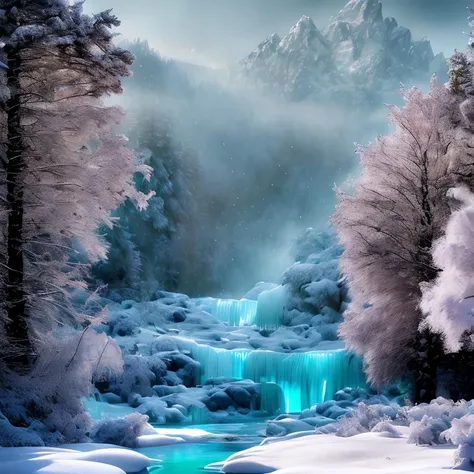 (masterpiece:1.2), (best quality,:1.2), 8k, HDR, ultra detailed, ((photorealistic)), professional light, cinematic lighting, fashion photography, ambient lighting, <lora:detail_slider_v4:2>, Ice, <lora:RealmsOfIce:1>, a snowy landscape with a frozen stream, mountains in the background, epiCPhoto