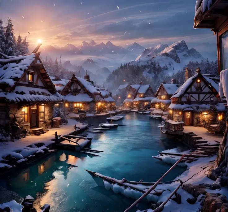 (masterpiece:1.2), (best quality,:1.2), 8k, HDR, ultra detailed, ((photorealistic)), professional light, cinematic lighting, fashion photography, ambient lighting, <lora:detail_slider_v4:2>, Ice, <lora:RealmsOfIce:1>, a small viking village with a harbor, epiCPhoto