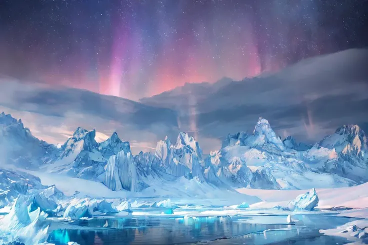 (masterpiece, best quality, photorealistic, beautiful and aesthetic:1.3), ice, no people, starry night, northern lights, shooting stars, winter, snowflakes, glacier, <lora:RealmsOfIce:1>