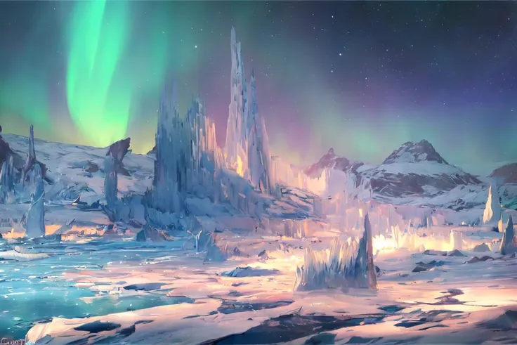 (masterpiece, best quality, photorealistic, beautiful and aesthetic:1.3), ice, no people, starry night, northern lights, shooting stars, glacier, <lora:RealmsOfIce:1>