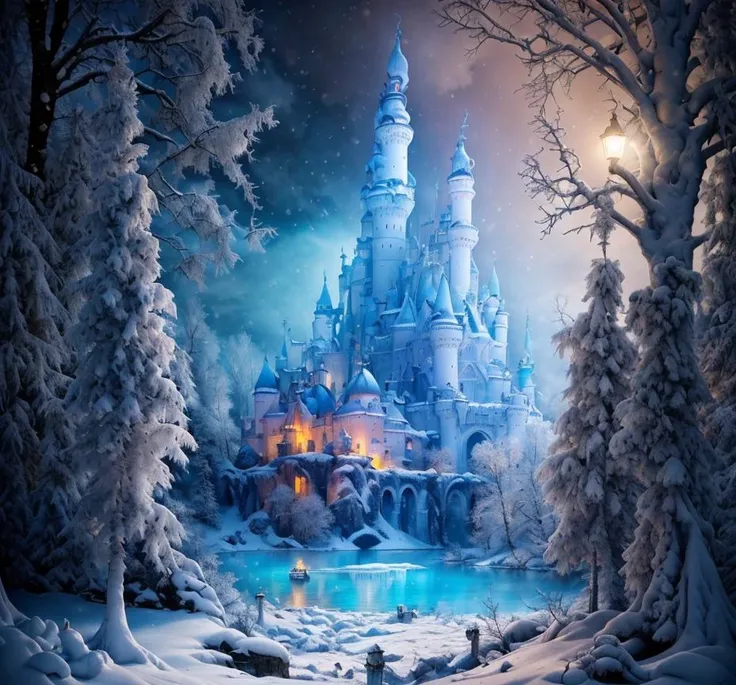 (masterpiece:1.2), (best quality,:1.2), 8k, HDR, ultra detailed, ((photorealistic)), professional light, cinematic lighting, fashion photography, ambient lighting, <lora:detail_slider_v4:2>, Ice, <lora:RealmsOfIce:1>, a sinister castle in a magical lake, snowy landscape, dark forest in the background, epiCPhoto