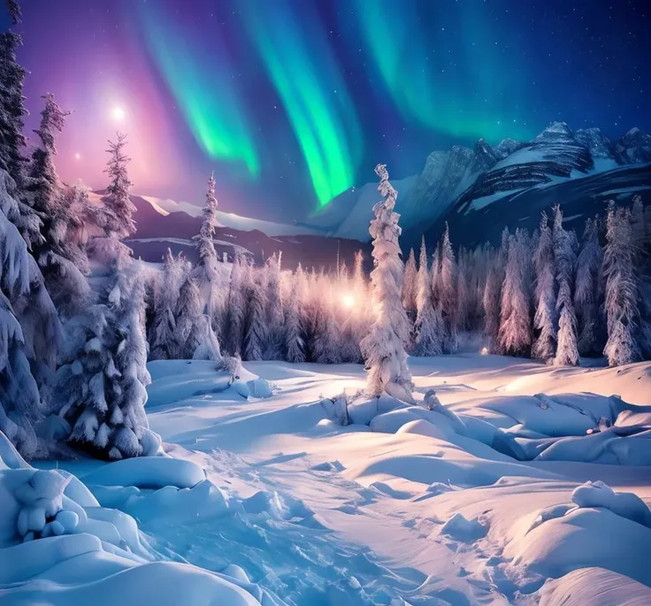 (masterpiece:1.2), (best quality,:1.2), 8k, HDR, ultra detailed, ((photorealistic)), professional light, cinematic lighting, fashion photography, ambient lighting, <lora:detail_slider_v4:2>, Ice, <lora:RealmsOfIce:1>, a snowy landscape, polar lights, northern lights. borealis, epiCPhoto