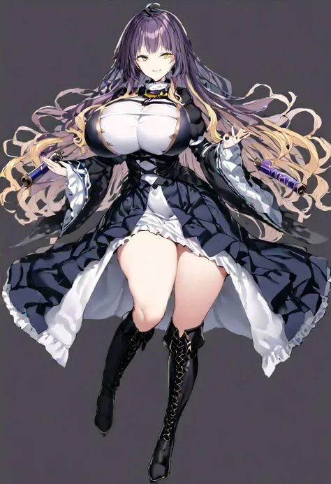 masterpiece, best quality, ultra-detailed, beautiful, nai3, 1girl, solo, full_body, tachi-e, 
((hijiri_byakuren)):2, 1girl, lace, multicolored hair, long hair, yellow eyes, cape, layered dress, long sleeves, scroll, sorcerer's sutra scroll, ajirogasa, necklace, dress, puffy sleeves, juliet sleeves, knee boots, smile, black_footwear, boots, gigantic_breasts, huge_breasts, purple_eyes, showgirl_skirt, thigh_boots, wavy_hair, wide_sleeves,