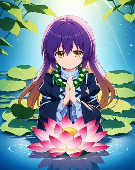 hijiri byakuren,1girl, solo, prayer_beads, lotus, long_sleeves, lily_pad, wide_sleeves, own_hands_together, pink_flower, dress, water, on_back
<lora:hijiri_byakuren_image2907_2023-12-20:1>,star-shaped_pupils,symbol-shaped_pupils,. gorgeous,key visual, vibrant, studio anime,award-winning, professional, highly detailed,high budget, cinemascope