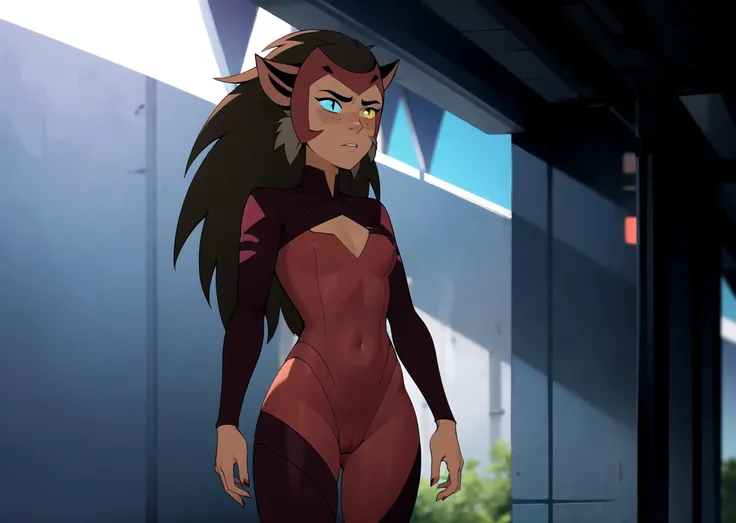 (masterpiece:1.5), (((top quality, best quality, high quality))), <lora:shera_catra-10:1> catra, standing, skinny, very tight bodysuit, (looking embarrassed), 1girl, solo, blush, heterochromia, looking back, foggy rainy background, long hair, far shot, showing ass, from behind, back view,