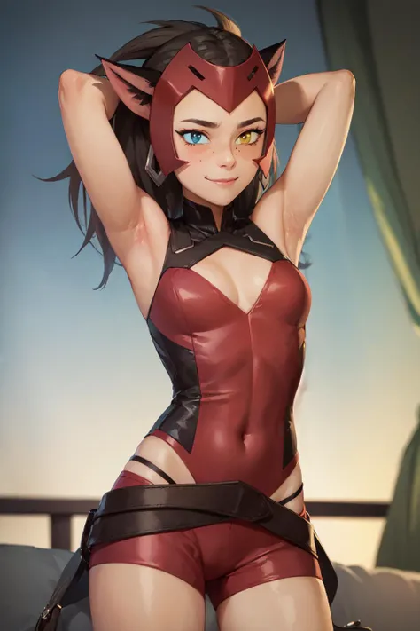 (masterpiece, best quality:1.2), <lora:shera_catra-10:0.5>, cowboy shot, solo, 1girl, catra, smile, closed mouth, looking at viewer, arms behind head, heterochromia, colored sclera, sleeveless, covered legs, bare shoulders