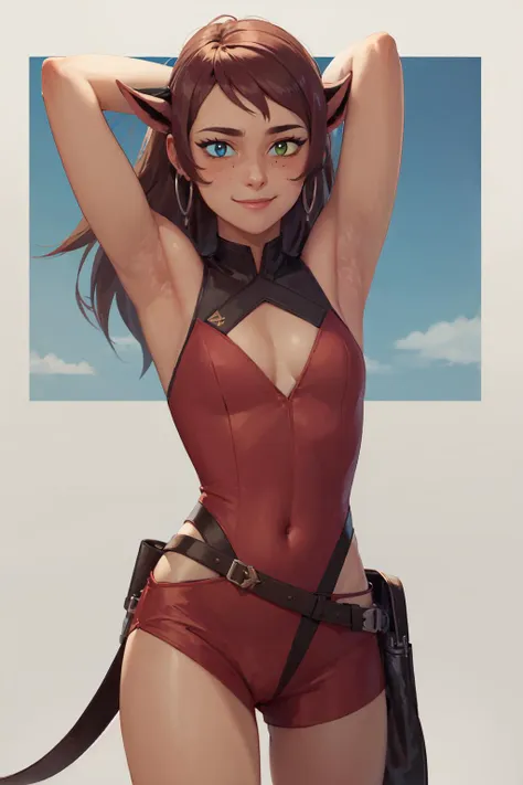 (masterpiece, best quality:1.2), <lora:shera_catra-10:0.5>, cowboy shot, solo, 1girl, catra, smile, closed mouth, looking at viewer, arms behind head, heterochromia, colored sclera, sleeveless, covered legs, bare shoulders