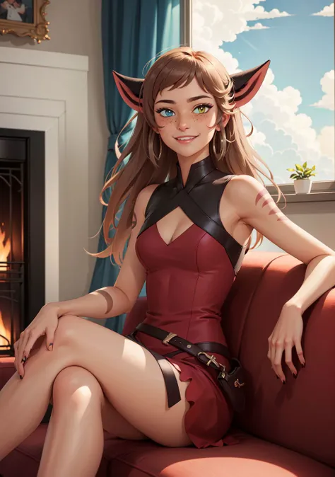 (masterpiece, best quality:1.2),<lora:shera_catra-10:0.6>,cowboy shot,solo,1girl,catra,smile,looking at viewer,sitting,crossed legs,heterochromia,colored sclera,sleeveless,bare shoulders,couch,indoors,fireplace,window,clouds,