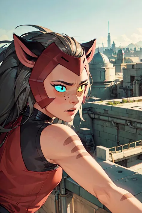 (catra:1), (sleeveless, bare shoulders:1.5), (long hair, heterochromia, colored sclera, right yellow sclera, left blue eye, right yellow eye:1), cartoony facial features, large round eyes, cat ears, (realistic:1.2), (masterpiece:1.2), (full-body-shot:1),(Cowboy-shot:1.2), magical background, industrial, neon lighting, dark romantic lighting, (highly detailed:1.2),(detailed face:1.2), (gradients), colorful, detailed eyes, (detailed landscape:1.2), (natural lighting:1.2),(detailed background),detailed landscape, (dynamic pose:1.2), close shot, solo, <lora:shera_catra-10:0.8> <lora:add_detail:0.3> <lora:hipoly3DModelLora_v10:0.05> <lora:RSERomantic_RSESofiko_RSEEmma-v1:0.1>