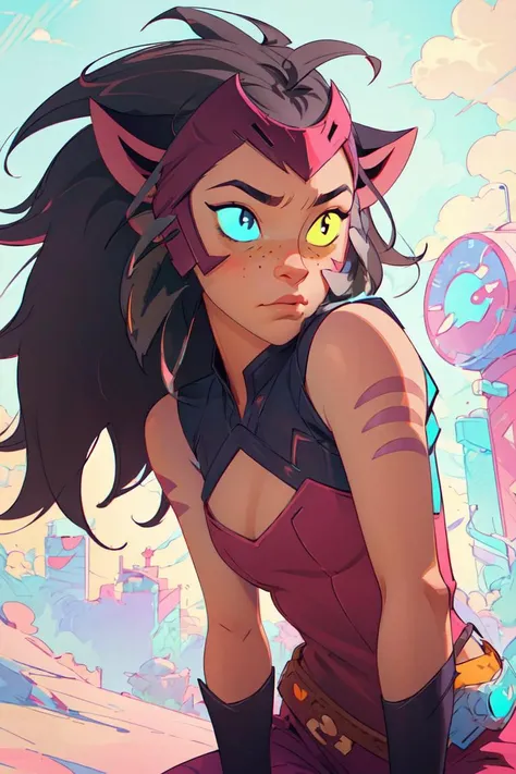 (catra:1),  (sleeveless, bare shoulders:1.5), (long hair,  heterochromia, colored sclera, right yellow sclera, left blue eye, right yellow eye:1), cartoony facial features, large round eyes, cat ears, (realistic:1.2),  (masterpiece:1.2), (full-body-shot:1),(Cowboy-shot:1.2), cyberpunk background, steampunk, neon lighting, dark romantic lighting, (highly detailed:1.2),(detailed face:1.2), (gradients), colorful, detailed eyes, (detailed landscape:1.2), (natural lighting:1.2),(detailed background),detailed landscape, (cute pose:1.2), close shot, solo, <lora:shera_catra-10:0.8> <lora:add_detail:0.3> <lora:hipoly3DModelLora_v10:0.05>  <lora:RSERomantic_RSESofiko_RSEEmma-v1:0.1>