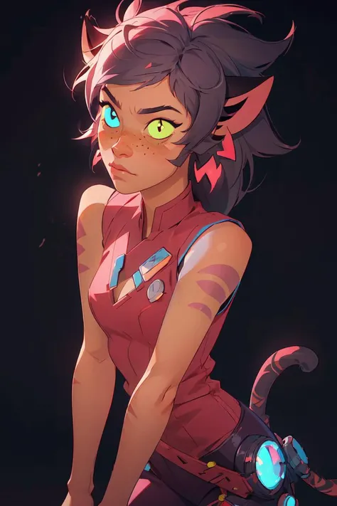(catra:1),  (sleeveless, bare shoulders:1.5), (long hair,  heterochromia, colored sclera, right yellow sclera, left blue eye, right yellow eye:1), cartoony facial features, large round eyes, cat ears, (realistic:1.2),  (masterpiece:1.2), (full-body-shot:1),(Cowboy-shot:1.2), cyberpunk background, steampunk, neon lighting, dark romantic lighting, (highly detailed:1.2),(detailed face:1.2), (gradients), colorful, detailed eyes, (detailed landscape:1.2), (natural lighting:1.2),(detailed background),detailed landscape, (cute pose:1.2), close shot, solo, <lora:shera_catra-10:0.8> <lora:add_detail:0.3> <lora:hipoly3DModelLora_v10:0.05>  <lora:RSERomantic_RSESofiko_RSEEmma-v1:0.1>