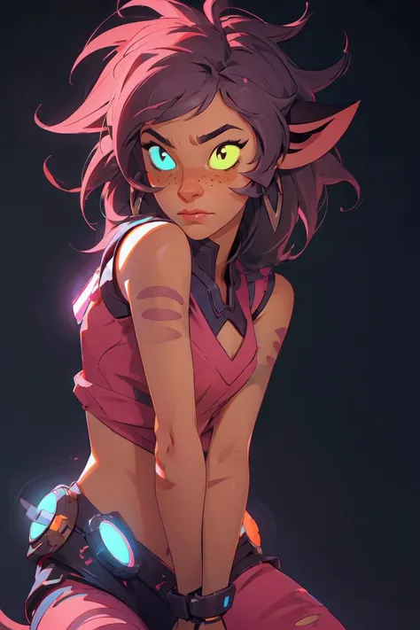 (catra:1),  (sleeveless, bare shoulders:1.5), (long hair,  heterochromia, colored sclera, right yellow sclera, left blue eye, right yellow eye:1), cartoony facial features, large round eyes, cat ears, (realistic:1.2),  (masterpiece:1.2), (full-body-shot:1),(Cowboy-shot:1.2), cyberpunk background, steampunk, neon lighting, dark romantic lighting, (highly detailed:1.2),(detailed face:1.2), (gradients), colorful, detailed eyes, (detailed landscape:1.2), (natural lighting:1.2),(detailed background),detailed landscape, (cute pose:1.2), close shot, solo, <lora:shera_catra-10:0.8> <lora:add_detail:0.3> <lora:hipoly3DModelLora_v10:0.05>  <lora:RSERomantic_RSESofiko_RSEEmma-v1:0.1>