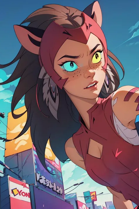(catra:1), (sleeveless, bare shoulders:1.5), (long hair, heterochromia, colored sclera, right yellow sclera, left blue eye, right yellow eye:1), cartoony facial features, large round eyes, cat ears, (realistic:1.2), (masterpiece:1.2), (full-body-shot:1),(Cowboy-shot:1.2), cyberpunk background, steampunk, neon lighting, dark romantic lighting, (highly detailed:1.2),(detailed face:1.2), (gradients), colorful, detailed eyes, (detailed landscape:1.2), (natural lighting:1.2),(detailed background),detailed landscape, (dynamic pose:1.2), close shot, solo, <lora:shera_catra-10:0.8> <lora:add_detail:0.3> <lora:hipoly3DModelLora_v10:0.05> <lora:RSERomantic_RSESofiko_RSEEmma-v1:0.1>