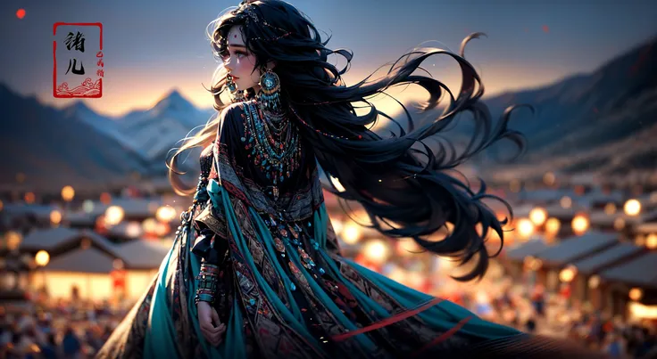 (dramatic, gritty, intense:1.4),masterpiece, best quality, 8k, insane details, intricate details, hyperdetailed, hyper quality, high detail, ultra detailed, Masterpiece, bestquality,highdefinition,huadan,bestquality,masterpiece,highres,
depth of fieldblurryblurry backgroundfringe trimbraceletlayered sleeves puffy sleevesA shot with tension(sky glows red,Visual impact,giving the poster a dynamic and visually striking appearance:1.2),Chinese Zen style,impactful picture,
solo focus1girlsolojewelryvery long hairhair ornamentearringsblack hairforehead markfacial markwindmole under eyebraceletbeadsscarf tattoobraidmultiple braidsfloating hairblue eyes(full body:1.1),
in Tibet, Potala Palace, awe-inspiring view, standing, arms wide open,amazed expression, long flowing hair, traditional Tibetan braids,rosy cheeks, wearing a vibrant Tibetan dress,adorned with colorful patterns and intricate embroidery, silver jewelry, turquoise necklace, peaceful surroundings, Himalayan mountains in the background, prayer flags fluttering in the wind, golden sunlight illuminating the palace, spiritual quest,  sense of tranquility, sacred atmosphere, cultural heritage, architectural marvel.
<lora:~Q?-leg
p National costume:1>