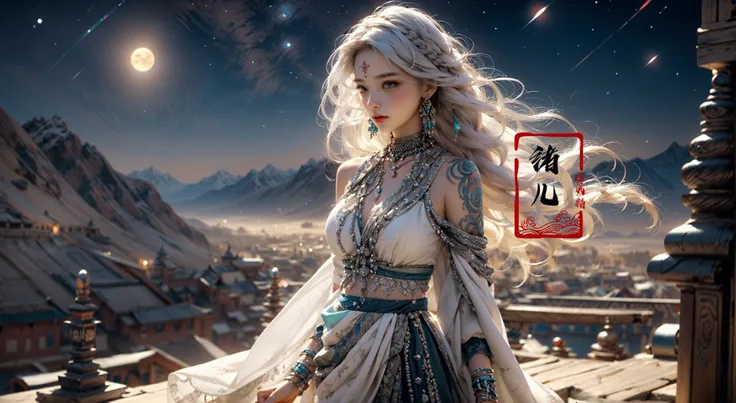 (dramatic, gritty, intense:1.4),masterpiece, best quality, 8k, insane details, intricate details, hyperdetailed, hyper quality, high detail, ultra detailed, Masterpiece, bestquality,highdefinition,huadan,bestquality,masterpiece,highres, The night sky, meteors, auroras
depth of fieldblurryblurry backgroundfringe trimbraceletlayered sleeves puffy sleevesA shot with tension(sky glows red,Visual impact,giving the poster a dynamic and visually striking appearance:1.2),Chinese Zen style,impactful picture,
solo focus1girlsolojewelryvery long hairhair ornamentearrings(forehead mark:1.5)(exposed collarbone, exposed shouldersexposed abdomen:1.7)(gigantic breasts:1.2),
windmole under eyebraceletbeadsscarf tattoobraidmultiple braidsfloating hairblue eyes(full body:0.8), (white hair:1.4)
in Tibet, Potala Palace, awe-inspiring view, standing, arms wide open,amazed expression, long flowing hair, traditional Tibetan braids,rosy cheeks, wearing a vibrant Tibetan dress,adorned with colorful patterns and intricate embroidery, silver jewelry, turquoise necklace, peaceful surroundings, Himalayan mountains in the background, prayer flags fluttering in the wind, golden sunlight illuminating the palace, spiritual quest,  sense of tranquility, sacred atmosphere, cultural heritage, architectural marvel.
<lora:~Q?-leg
p National costume:0.8>