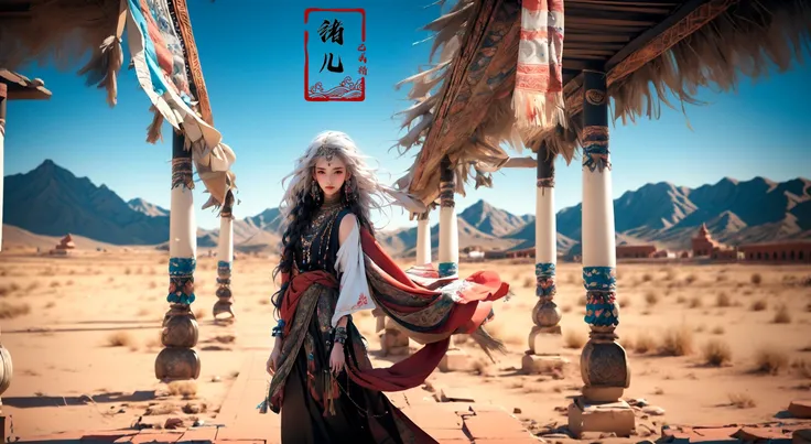 (dramatic, gritty, intense:1.4),masterpiece, best quality, 8k, insane details, intricate details, hyperdetailed, hyper quality, high detail, ultra detailed, Masterpiece, bestquality,highdefinition,huadan,bestquality,masterpiece,highres,
depth of fieldblurryblurry backgroundfringe trimbraceletlayered sleeves puffy sleevesA shot with tension(sky glows red,Visual impact,giving the poster a dynamic and visually striking appearance:1.2),Chinese Zen style,impactful picture,
solo focus1girlsolojewelryvery long hairhair ornamentearrings(forehead mark:1.5)
windmole under eyebraceletbeadsscarf tattoobraidmultiple braidsfloating hairblue eyes(full body:1.1), (white hair:1.4)
in Tibet, Potala Palace, awe-inspiring view, standing, arms wide open,amazed expression, long flowing hair, traditional Tibetan braids,rosy cheeks, wearing a vibrant Tibetan dress,adorned with colorful patterns and intricate embroidery, silver jewelry, turquoise necklace, peaceful surroundings, Himalayan mountains in the background, prayer flags fluttering in the wind, golden sunlight illuminating the palace, spiritual quest,  sense of tranquility, sacred atmosphere, cultural heritage, architectural marvel.
<lora:~Q?-leg
p National costume:1>