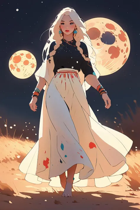 splatter, drawing of a woman dancing, gypsy, glitter and stars on her (long blond braid) in front of a full moon with blue splots, circle, crescent moon, full moon, doncing, tibetian fashion, long skirt, colourful, woman focus, moon, moonlight, night, night sky, planet, red moon, sky, solo, sun, bare foot, swirling, (best quality:1.27), (masterpiece:1.27), (highres:1.20) (digital illustration:1.20), (manga-art:1.25), detailed face, eyes and hands, <lora:绪å¿-æ°ææé¥° National costume:1>
